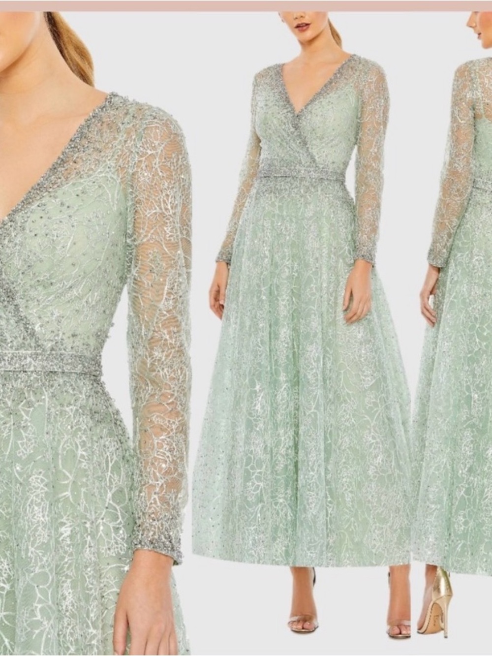 Mac Duggal Mint Green Beaded V-Neck Evening Gown